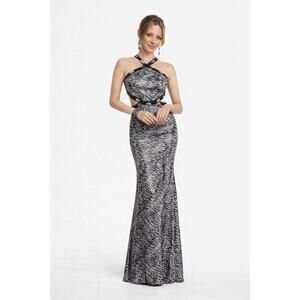 NWT Camille La Vie Animal Print Sequin Halter Open Back Maxi Dress Size 4
